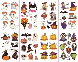 Detailed view of eight sheets with cute cartoon Halloween pumpkin and ghost tattoos