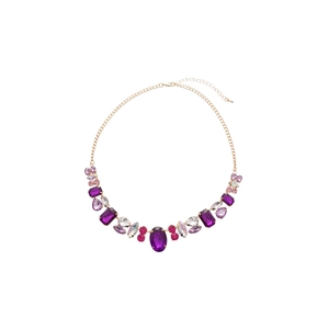 Elegant gold necklace with purple and white crystals in an oval geometric design