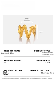 Detail showing 18K gold plated stainless steel wave ring dimensions and specifications