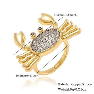 Macro detail of gold crab ring with zircon inlay showing 30.2mm by 20.5mm size
