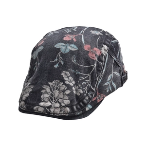 Retro washed denim newsboy cap with vintage floral print for women in dark grey