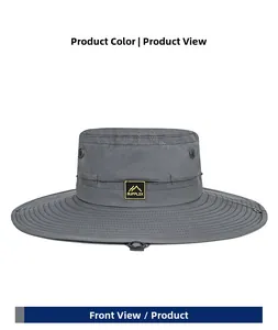 Detail of dark grey breathable mesh bucket hat featuring adjustable chin strap and vent holes