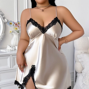 Plus size champagne silk satin nightgown with black lace trim and sexy V-neck design