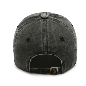 Vintage washed black denim baseball cap with adjustable metal buckle on back view