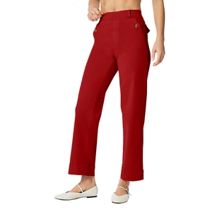 Close-up of high-waist red wide-leg pants with metal button pockets and rolled cuffs