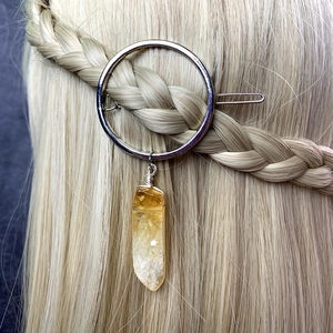 Natural Crystal Hair Clip With Round Alloy Metal Ring And Rectangular Gemstone Pendant Minimalist Boho Hair Accessory