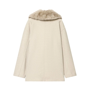 Chic beige wool coat with a fluffy faux fur collar shown from a back view