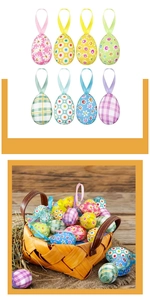 Detail of colorful Easter fabric eggs with patterns and ribbons in a woven basket