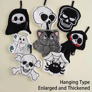 Set of hanging Halloween coral fleece hand towels with ghost and bat cartoon designs