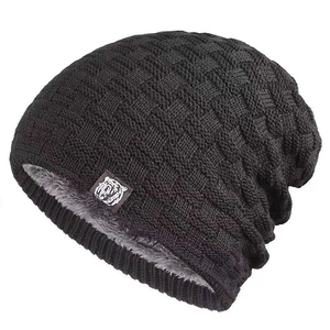 Men's black knitted beanie with thick fleece lining and tiger head patch for winter