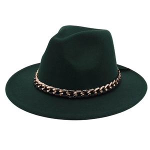 Dark green wide brim fedora hat with a luxurious gold and black metal chain band