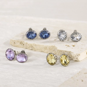 Elegant multi-colored rhinestone flower basket stud earrings in blue yellow and purple