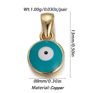 Detailed view of gold-plated copper evil eye charm with blue inlay and precise dimensions