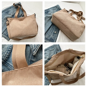 Detail of khaki corduroy tote bag showing large capacity for daily items and shoulder strap