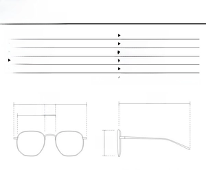 Detailed size chart for irregular cat eye sunglasses showing frame dimensions and width