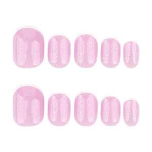 Short round press-on nails with white French tips and silver glitter on pink base