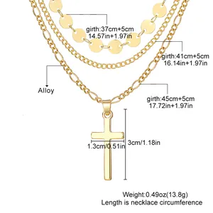 Size guide for multi-layer cross necklace showing lengths and pendant dimensions