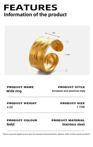 Detailed view of 1cm wide gold-plated stainless steel ring with size measurements