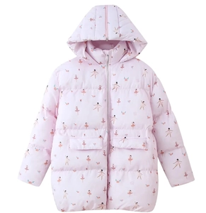Detail of pink hooded jacket featuring ballerina and rose print with elastic cuffs