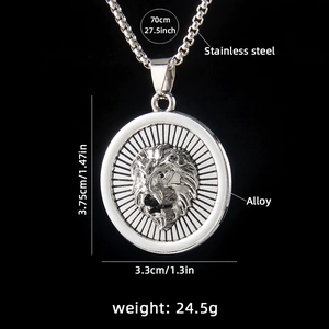 Mens stainless steel lion head pendant necklace with silver finish and 70cm long chain