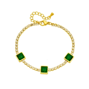 Gold chain bracelet featuring three square emerald stones and sparkling crystal accents