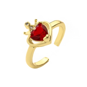 Luxury gold adjustable ring with red heart-shaped gemstone and crystal crown detail