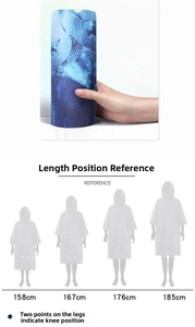 Size guide showing hooded beach towel poncho length relative to height from 158cm to 185cm