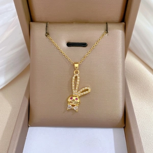 Rabbit Pendant Necklace Stainless Steel Copper Micro Pave Zircon Elegant Red Eye Long Ear Bowknot Jewelry For Women