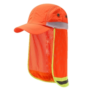 High-visibility orange sun hat with neck flap and reflective safety strip for workers