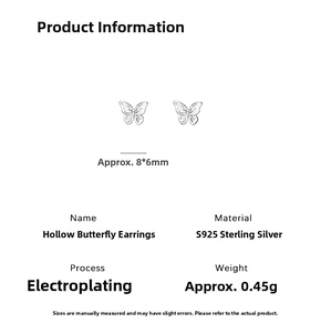 Detailed specs for S925 sterling silver hollow butterfly stud earrings with dimensions