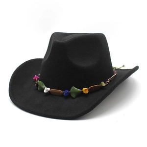 Classic black wool fedora cowboy hat with colorful stone band and wide brim design