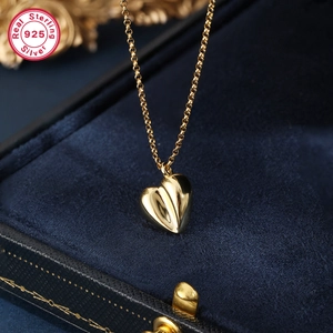 Polished 925 sterling silver golden heart pendant necklace in premium velvet jewelry box
