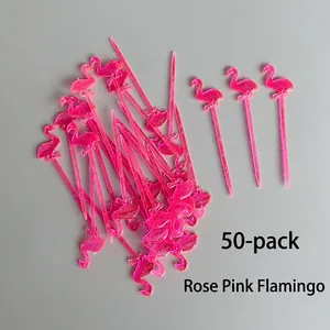 Detail of 50-pack rose pink flamingo plastic cocktail picks and dessert fruit forks