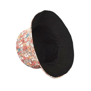 Detail view of colorful cartoon cat prints and stitching on double-sided bucket hat