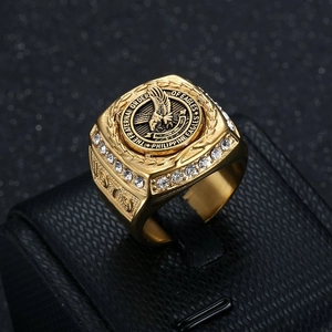 Men Signet Ring Stainless Steel Gold Plated Philippine Eagle Emblem Rhinestone Hip Hop Retro Jewelry