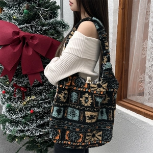 Ethnic style plush tote bag featuring vintage geometric patterns and soft fuzzy texture