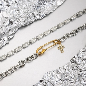 Silver chain bracelets with rectangle zircon and gold pin clasp with cross pendant