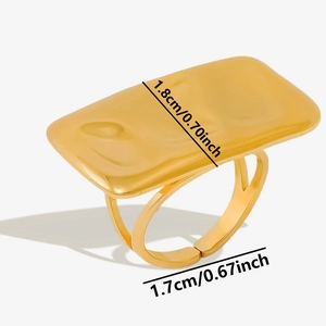 Macro detail of gold ring featuring irregular texture top and clear size measurements