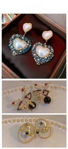 Vertical detail of floral and heart-shaped earrings with crystals and baroque pearls