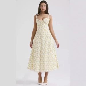 French style floral summer midi dress with spaghetti straps and corset tie detailing