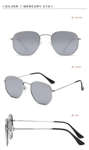 Multiple views of silver irregular metal frame sunglasses with grey lenses, model MERCURY C15