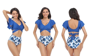 Three-angle view of two-piece bikini with ruffle sleeves and palm print high waist bottoms