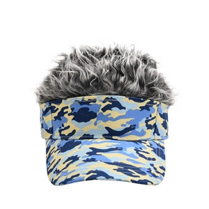 Detail of creative camouflage visor with grey fuzzy wig hair for outdoor fun