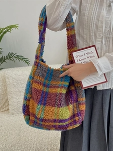 Colorful plaid plush tote bag with vibrant sherpa texture for stylish women casual use