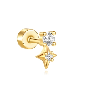Macro detail of gold S925 sterling silver ear stud with sparkling white zircons