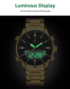 Luminous dual display of quartz watch with gold steel strap and green night glow