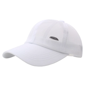 Detail of white mesh baseball cap with breathable fabric and fashion metal logo plate
