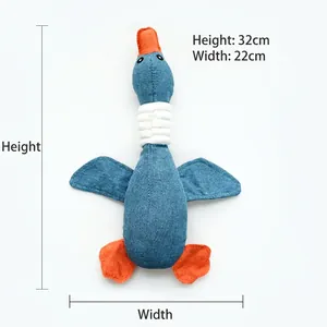 Blue plush goose pet toy with orange feet showing dimensions 32cm height and 22cm width