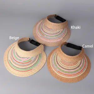 Foldable raffia sun visor hat for women with colorful ribbon in beige khaki and camel