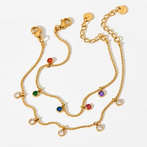 Stainless Steel Rainbow Cubic Zirconia Anklet For Women Round Colorful Zircon Dainty Bead Chain Foot Jewelry Adjustable